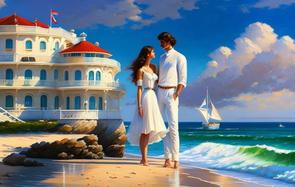 Couple in white attire on sandy beach with grand building and sailboat in background