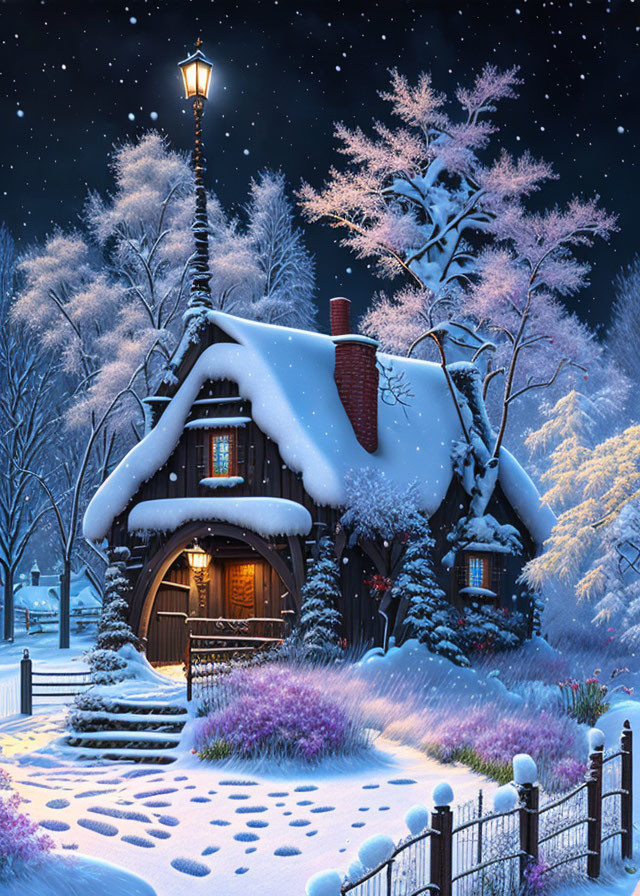 Snow-covered cottage at night with warm glow, snowy trees, lit lamppost.