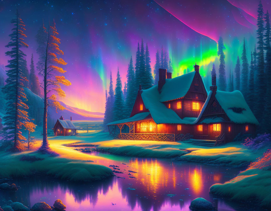 Serene snow-covered forest cabin under aurora borealis