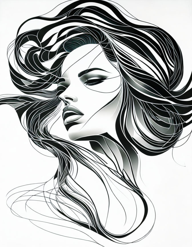 Monochromatic artistic illustration of a woman with flowing hair and bold makeup.