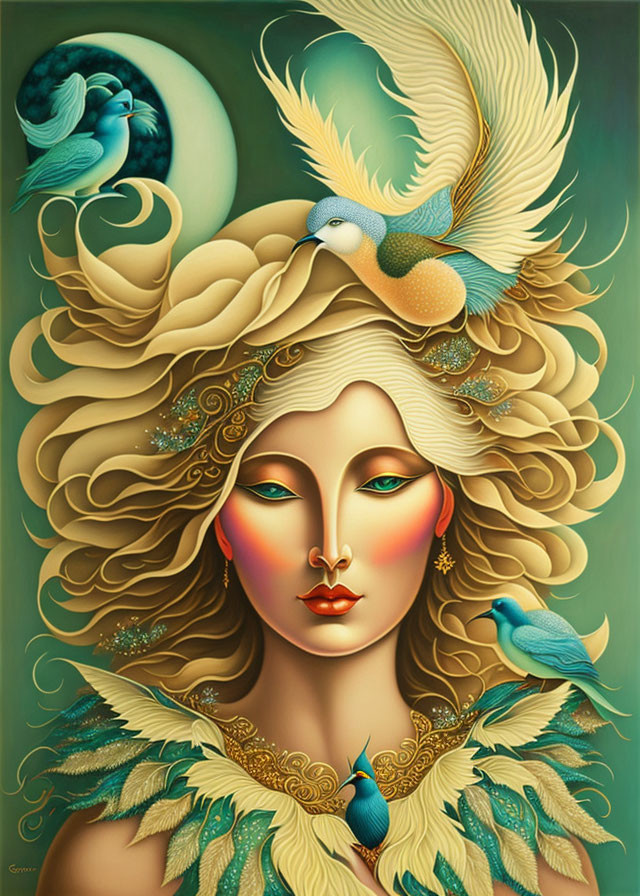 Stylized portrait of woman with golden hair and feathers on moonlit teal background