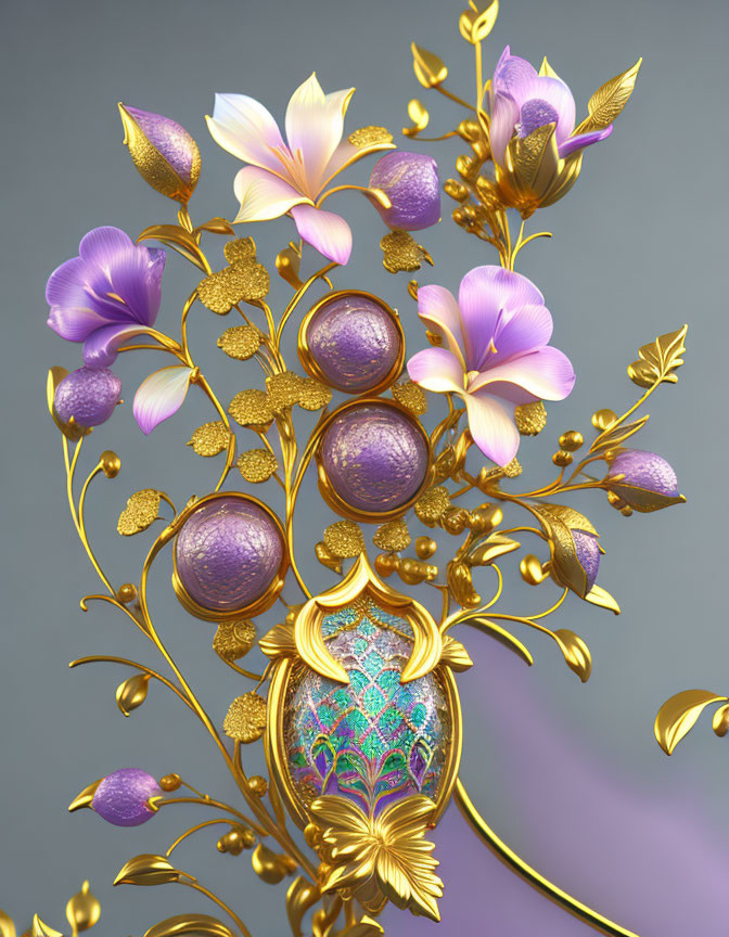 Ornate 3D Rendering: Purple and White Flowers, Golden Leaves, Intricate Spheres