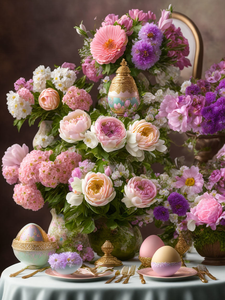 Pastel Spring Flowers and Decorated Eggs Easter Display