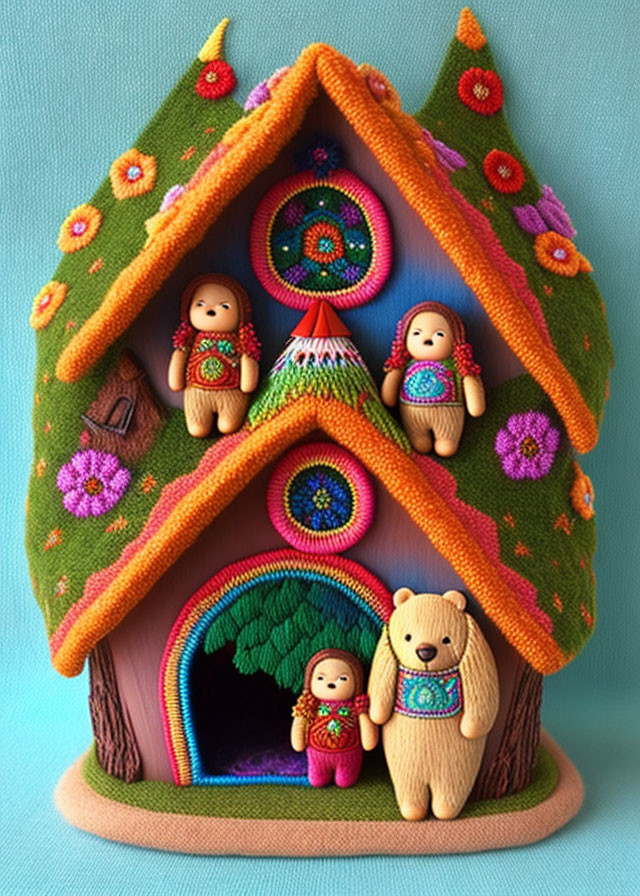 Colorful Handmade Felt House with Flowers and Figurines