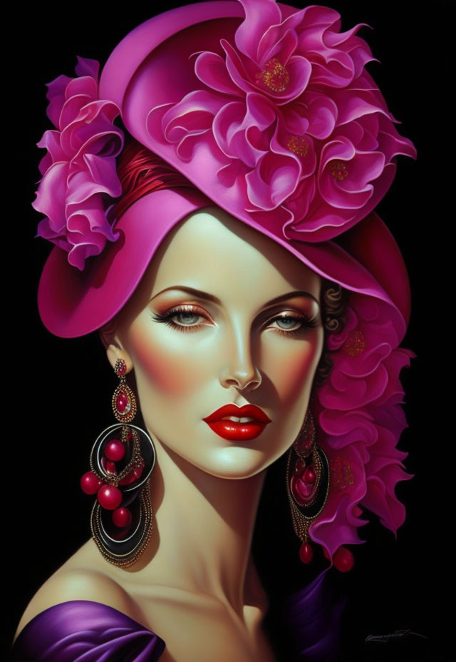 Sophisticated woman in pink floral hat with striking makeup