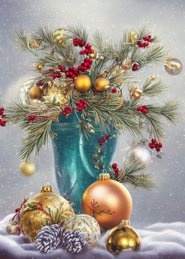 Gold and White Christmas Ornaments with Pine Branches and Red Berries in Teal Vase