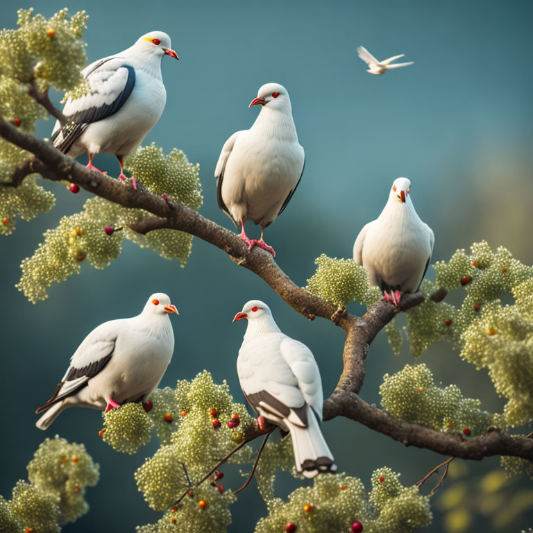 Five white doves on leafy branches with red berries; one dove flying in background.