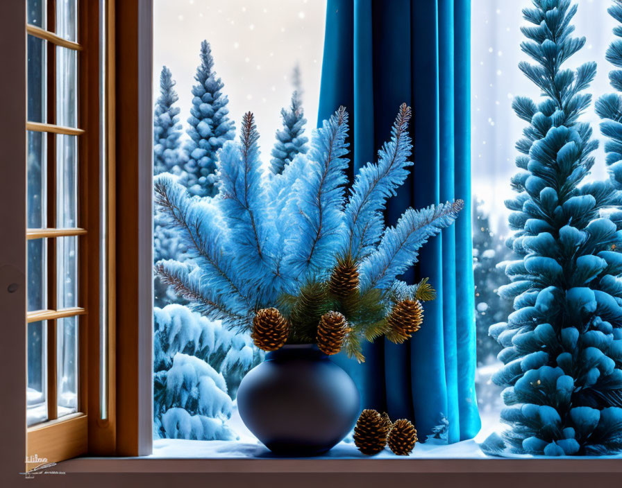 Winter scene: frosty pine branch with cones on windowsill.