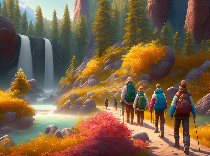 Hikers with colorful backpacks walking in autumnal forest towards stunning waterfall