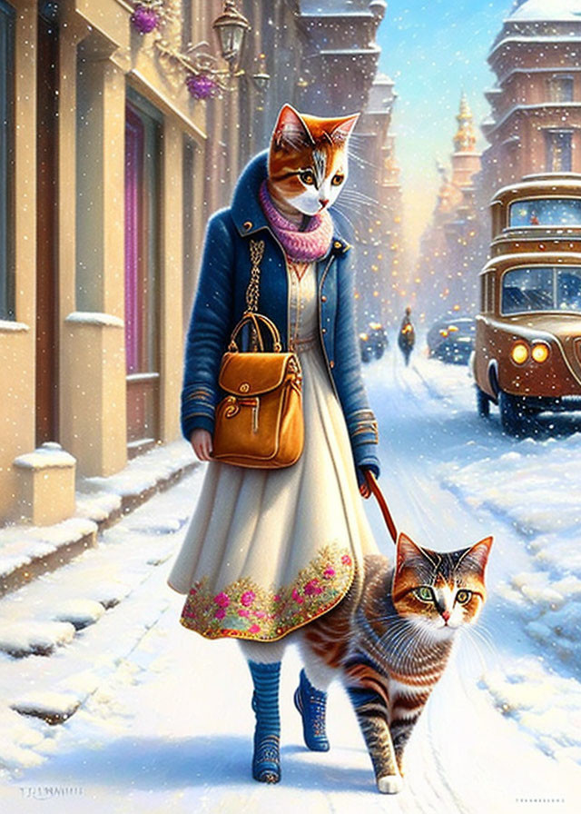 Anthropomorphic cat in blue coat and skirt walking on snowy street with handbag, accompanied by smaller