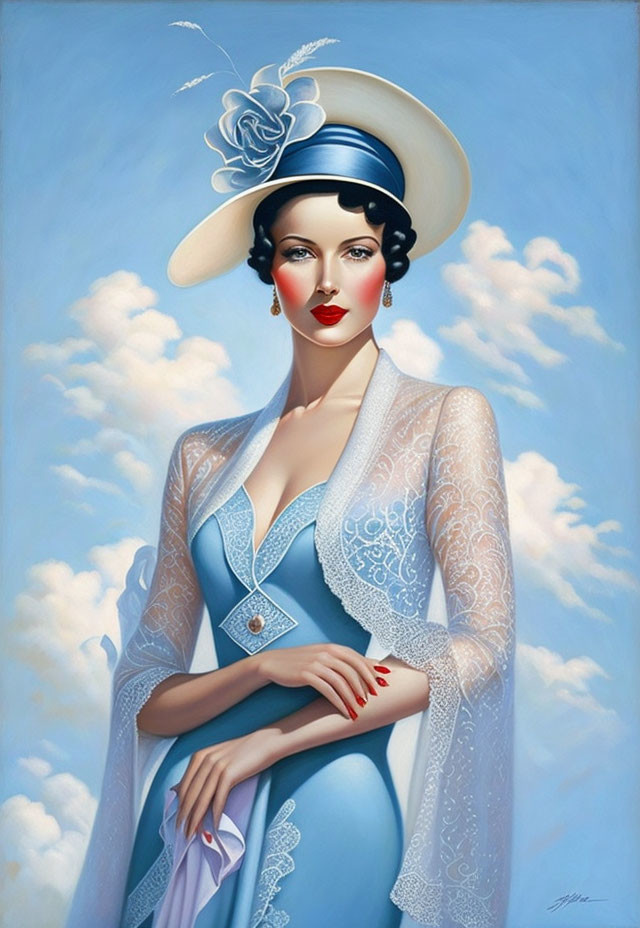 Illustration of elegant woman in blue dress and wide-brimmed hat against cloudy sky