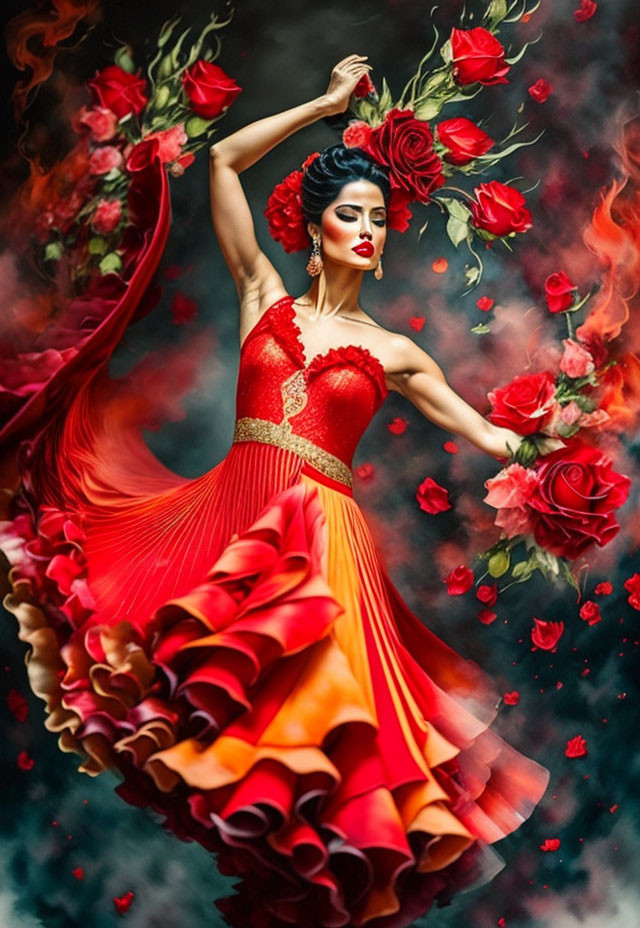 Woman in Vibrant Red Dress Surrounded by Red Rose Petals