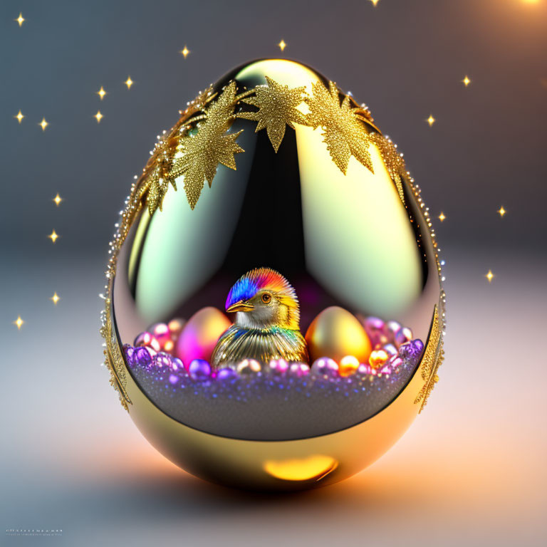 Colorful Digital Artwork: Bird in Ornamental Egg with Gold Leaf Patterns