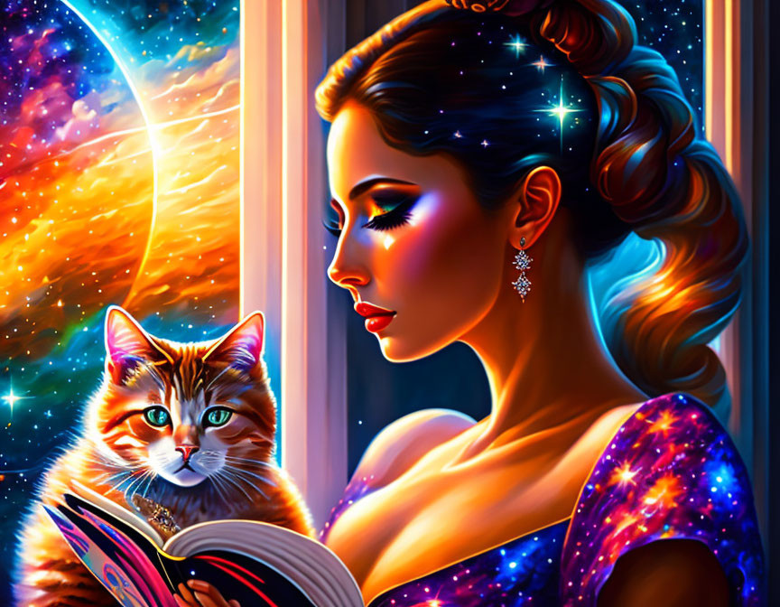 Colorful Woman and Cat Illustration by Window with Cosmic Background