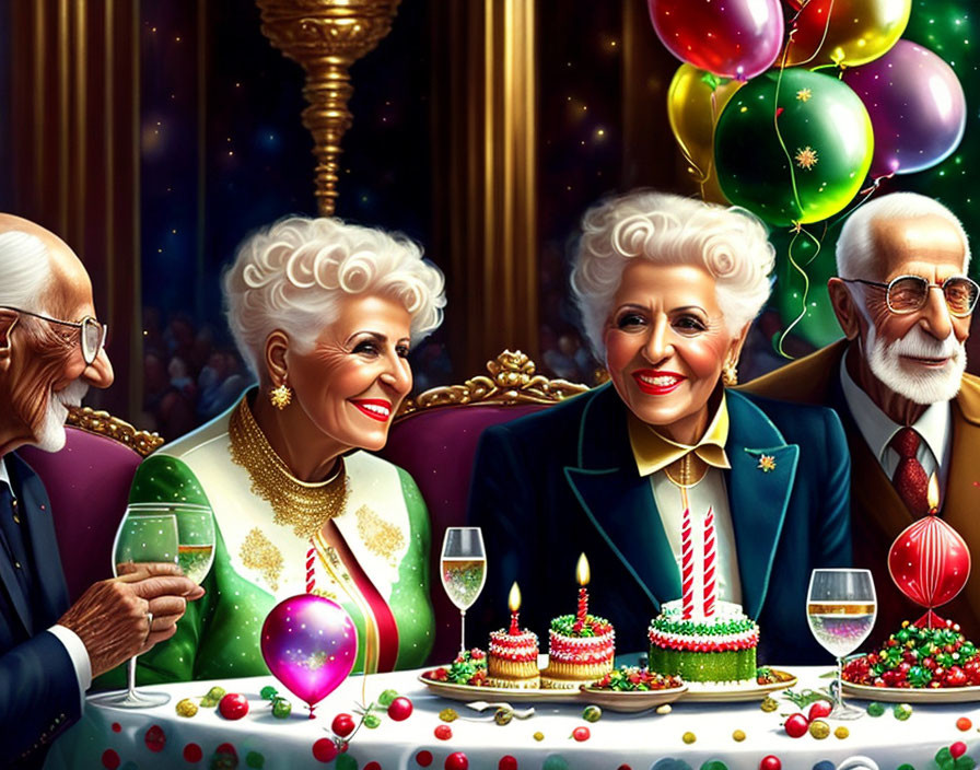 Illustration of three elderly people celebrating with champagne, balloons, and cake