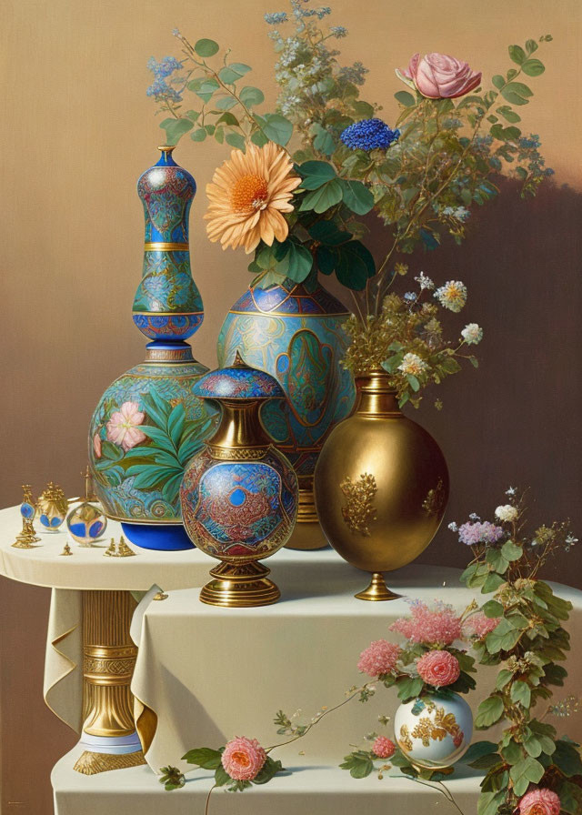 Colorful Flower Bouquet and Ornate Vases Still Life Painting