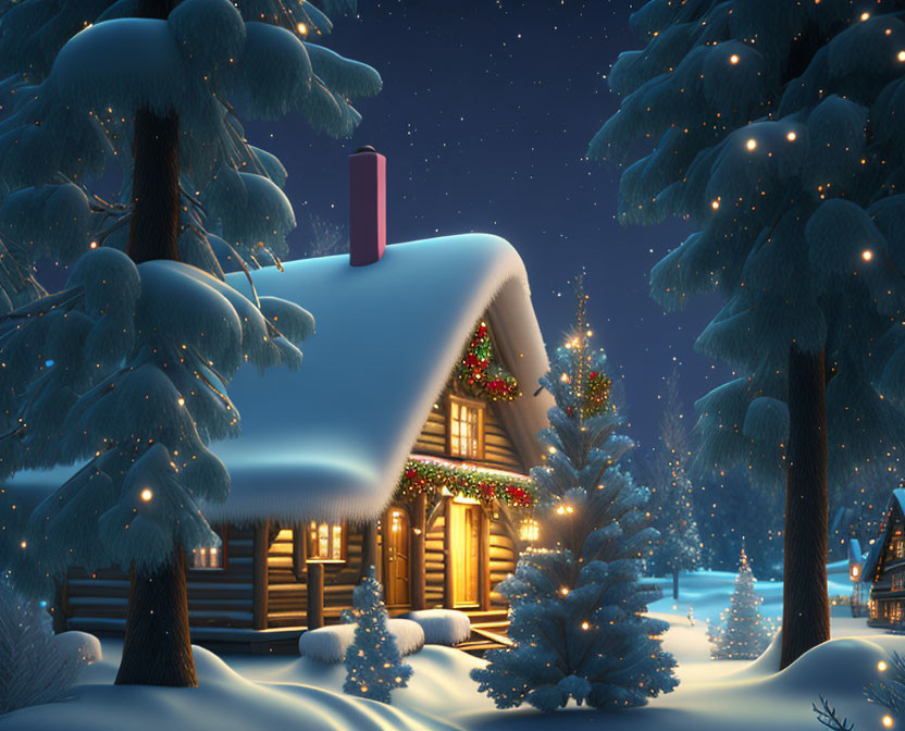 Snowy Winter Night: Cozy Cabin, Christmas Tree, Warm Glow