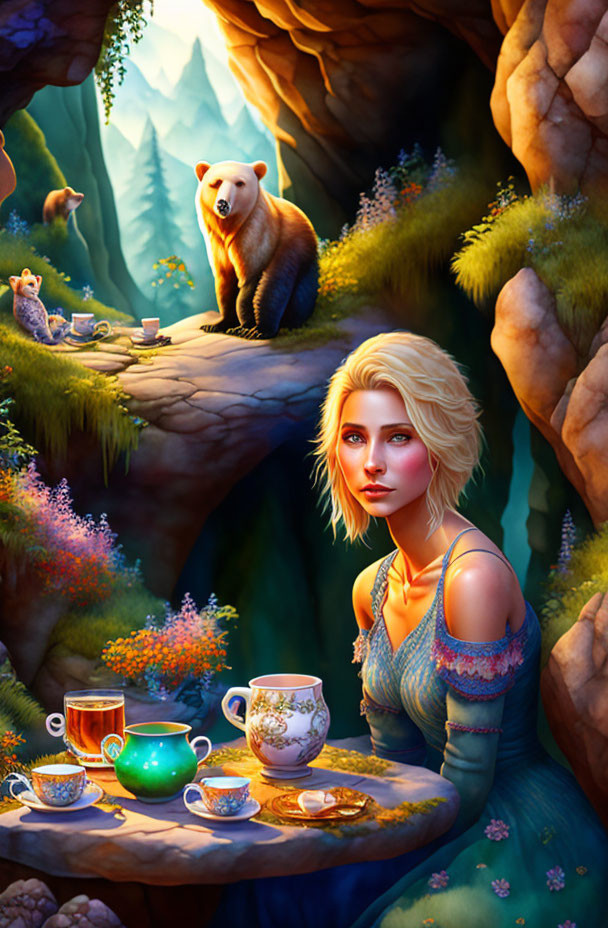 Blonde woman with tea set in nature surrounded by animals