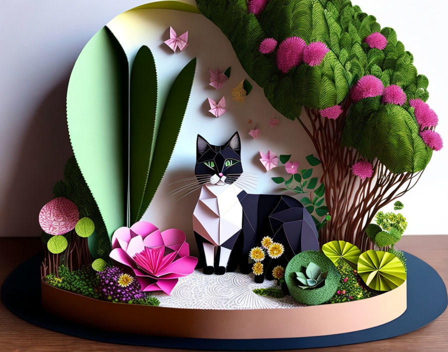 Vibrant 3D Paper Art Diorama with Black and White Cat in Nature