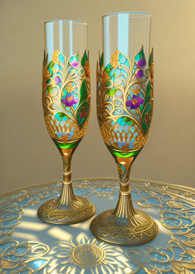 Ornate jeweled champagne glasses on decorative tray with intricate designs