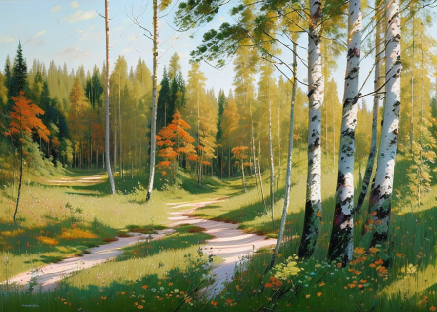 Tranquil forest scene with birch trees and winding path