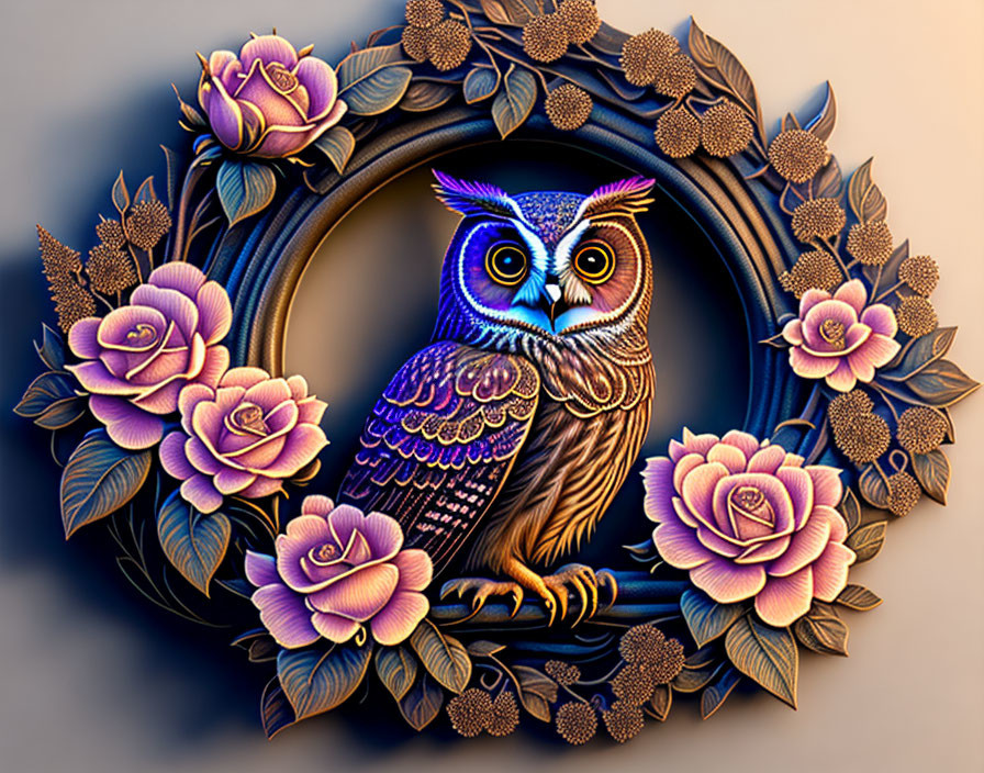 Detailed Owl Illustration in Floral Frame with Purple Roses