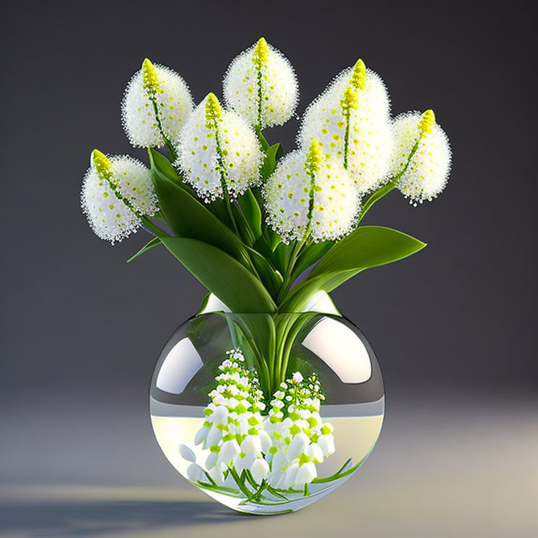 White Calla Lilies in Yellow Gradients in Clear Vase on Gray Background