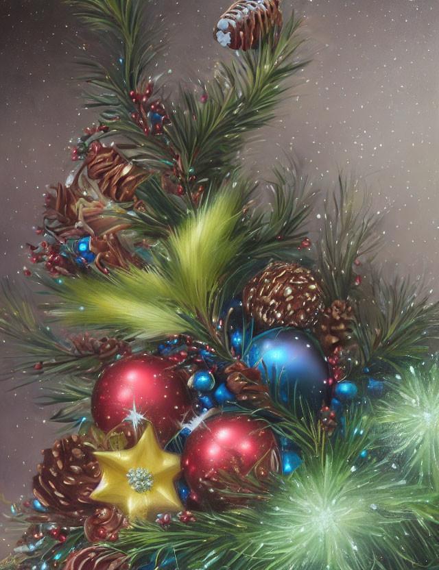 Vibrant baubles and pine cones on a Christmas tree.