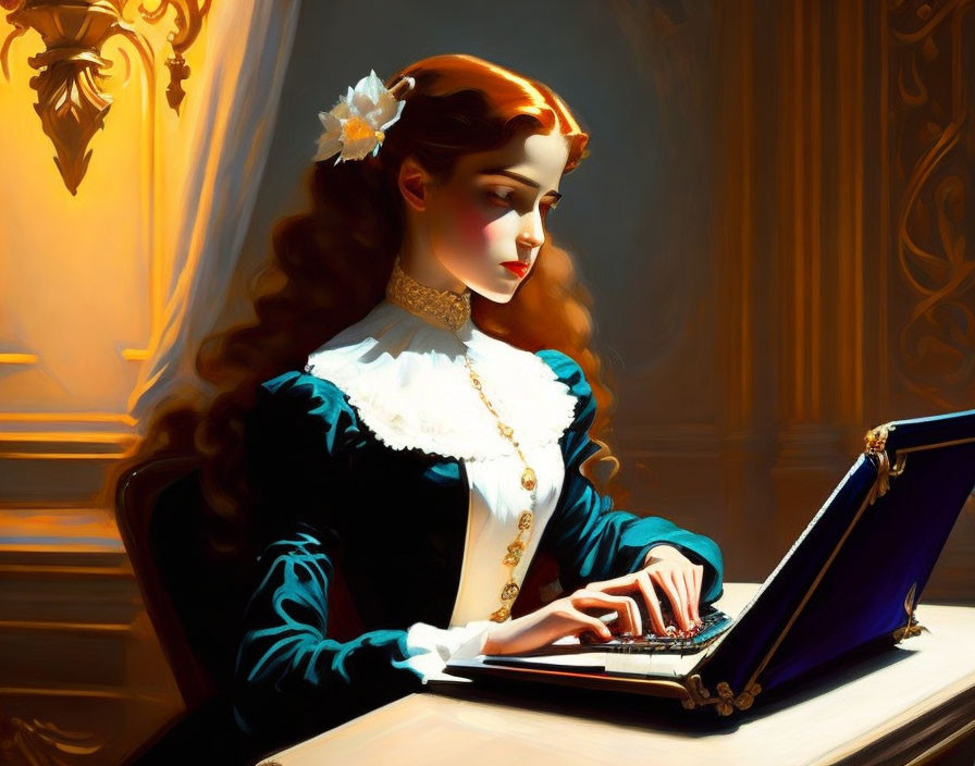 Victorian-era woman typing on vintage typewriter by window