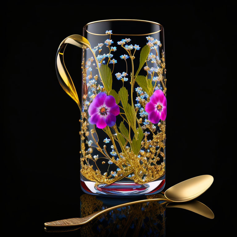 Floral Patterned Decorative Glass with Gold Accents on Black Background