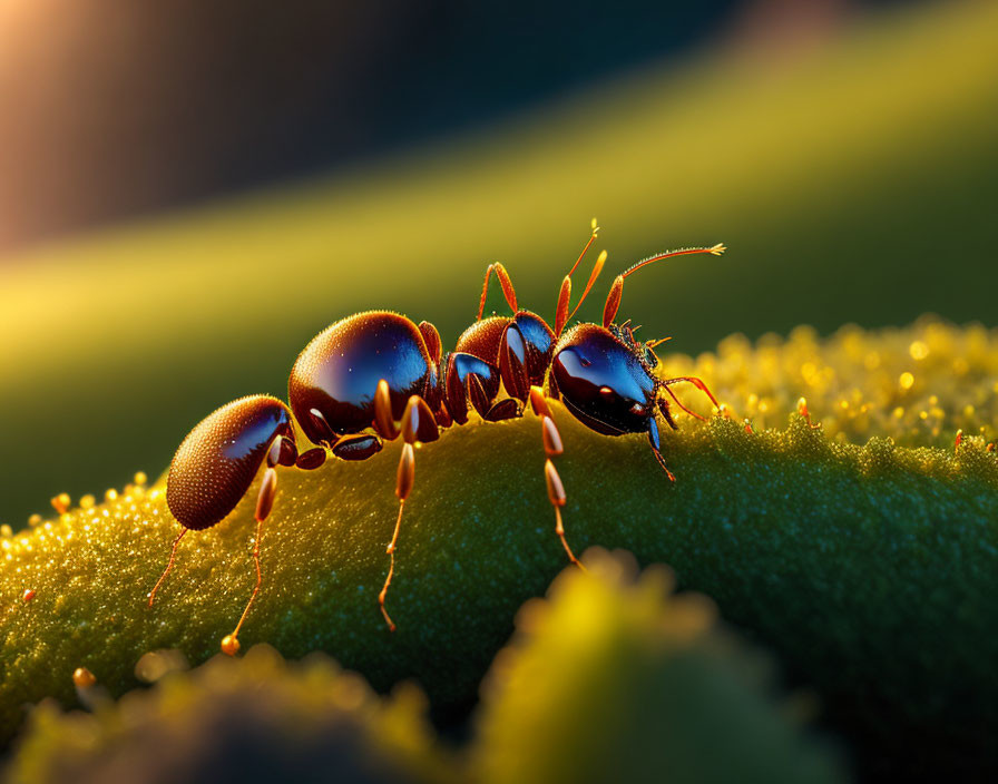 Small ant on green leaf under warm sunlight with dewdrops.