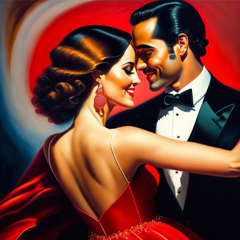 Stylized painting of elegant couple in formal attire against red backdrop