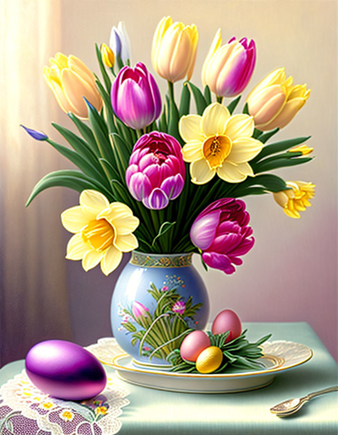 Colorful Easter bouquet with eggs and spoon on laced tablecloth