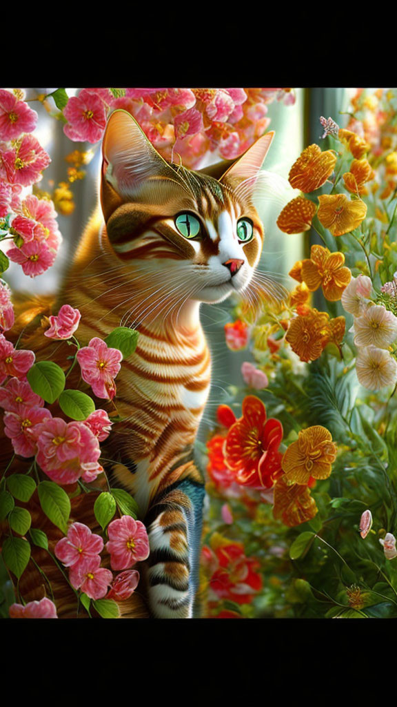 Digital artwork of a cat with floral patterns amidst vibrant flowers