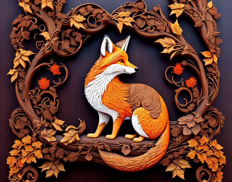 Detailed orange and white paper fox in brown floral frame on dark background