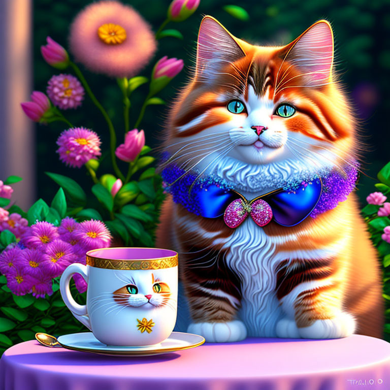 Orange and White Cat with Blue Bow Tie Beside Cat-Face Cup and Flowers