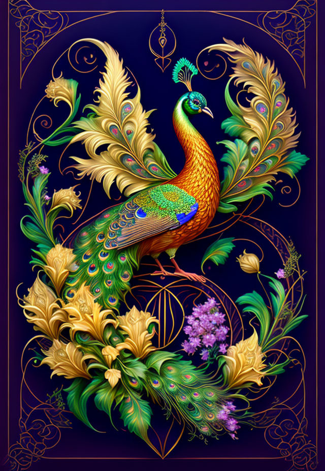 Detailed Peacock Illustration with Vibrant Feathers and Golden Floral Motifs