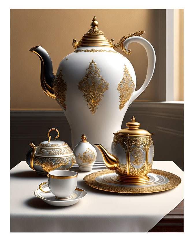 White and Gold Porcelain Tea Set on Table with Sunlight