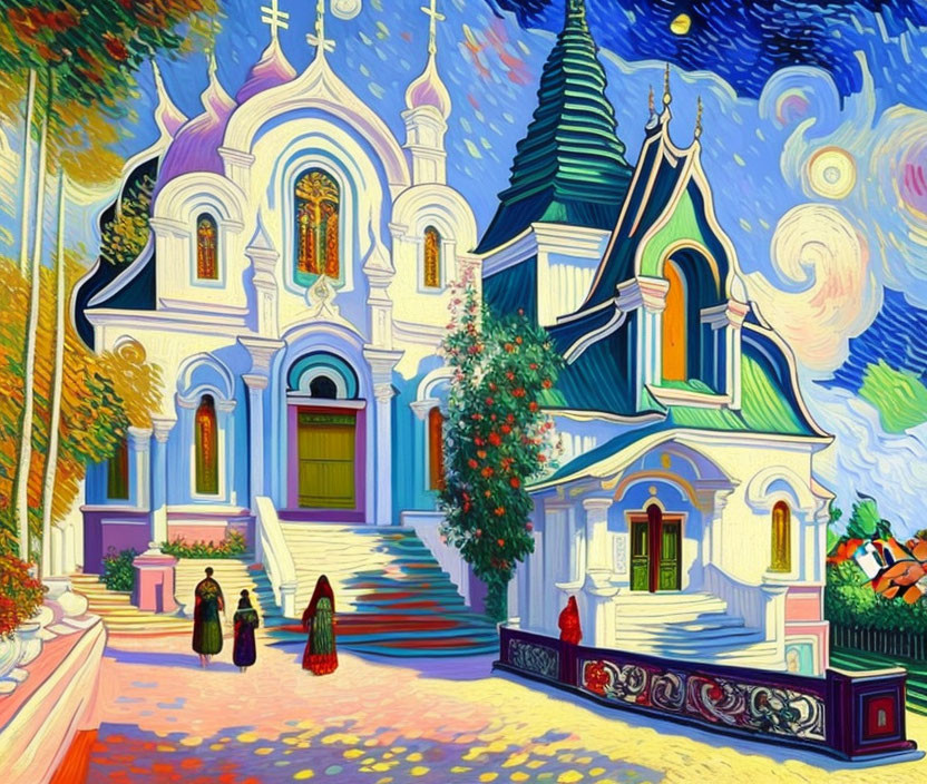 Colorful expressionist painting: Three figures near ornate church