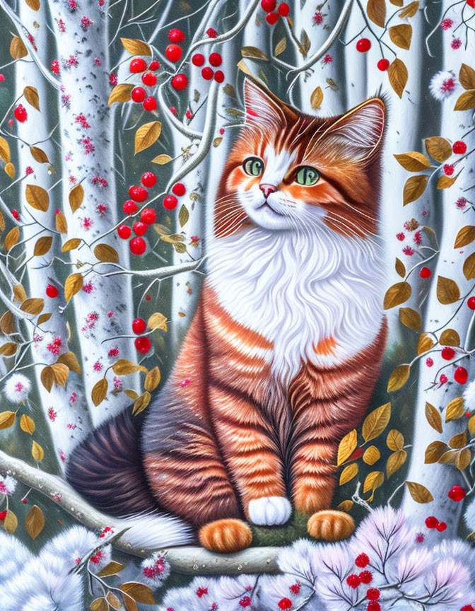 Fluffy ginger and white cat in snowy forest scene