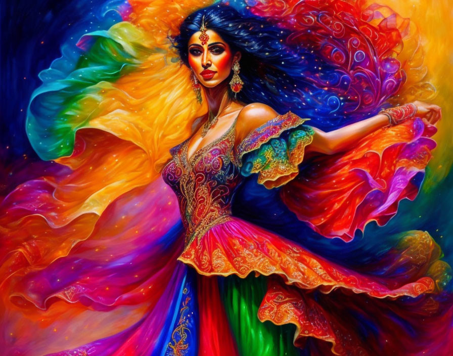 Colorful artwork: Woman in rainbow dress with intricate details, jewelry, against fiery backdrop