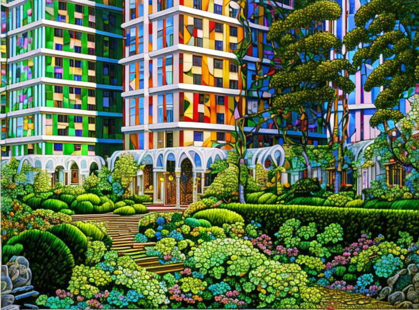 Colorful stylized artwork of modern buildings and lush gardens.