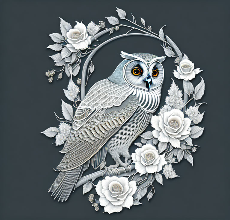 Intricate owl illustration in floral wreath on grey background