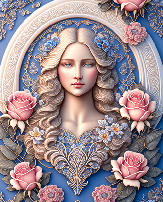 Illustration of woman with long wavy hair in ornate floral frame.