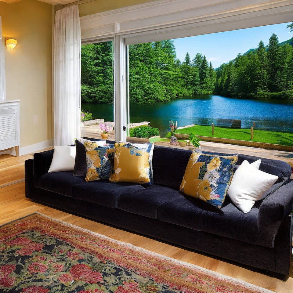 Inviting living room with black sofa, patterned pillows, colorful rug, and lake view