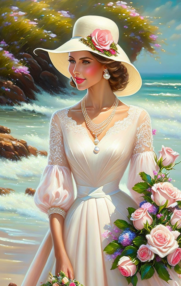 Illustration of elegant woman in vintage dress and pearls, with wide-brimmed hat by the sea