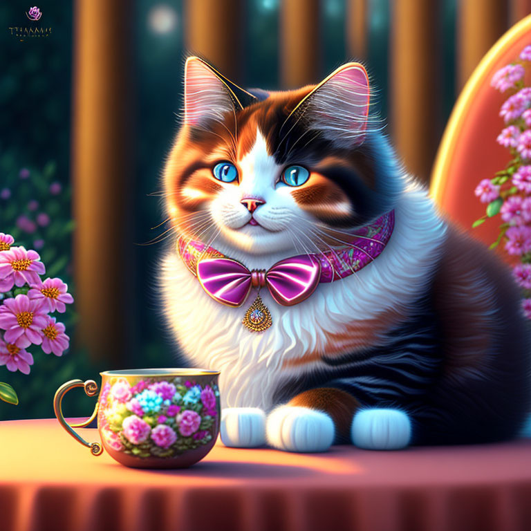 Blue-eyed cat with pink bow tie beside teacup and floral background