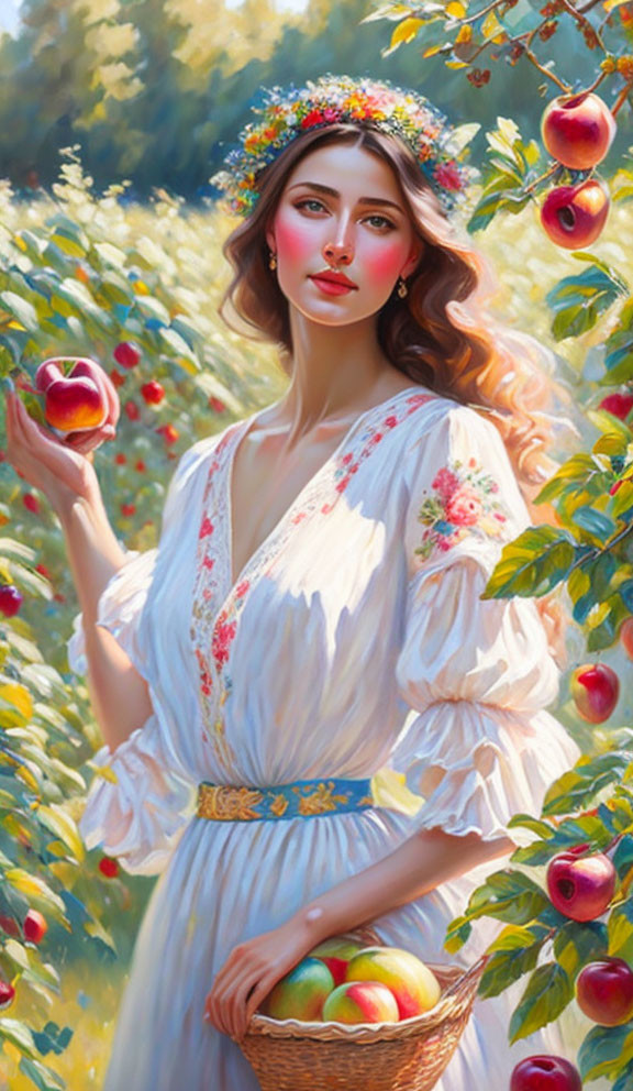 Woman in floral wreath surrounded by apple orchard, holding apple and basket, in white dress with