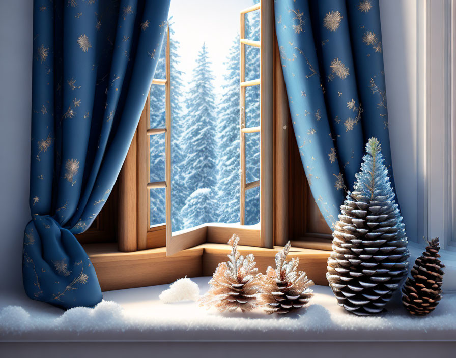 Winter scene: Open window, blue curtains, pine cones on snowy sill