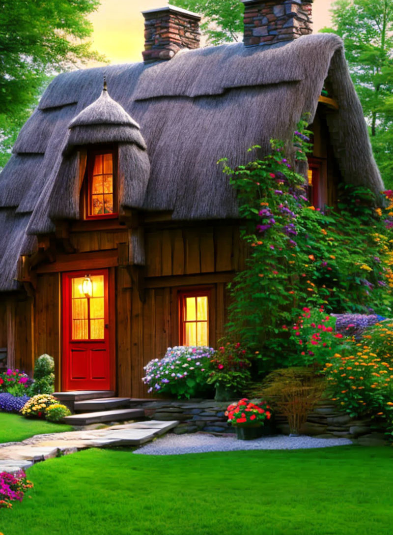 Thatched-Roof Cottage with Red Door in Lush Greenery